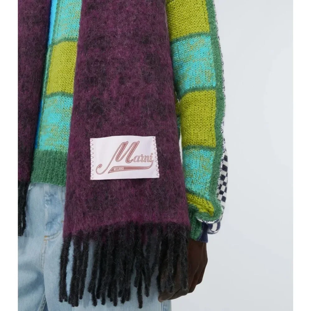 MARNI Brushed Wool Mohair Oversized Check Scarf Purple Black Fringe ITALY 100x30